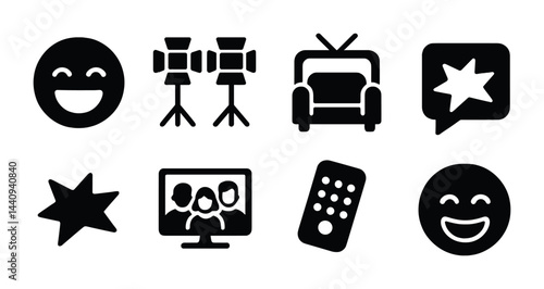 Entertainment solid icons set – filled style television, music, and movie symbols for media projects: smile, studio lights, tv, star, chat bubble, remote, people