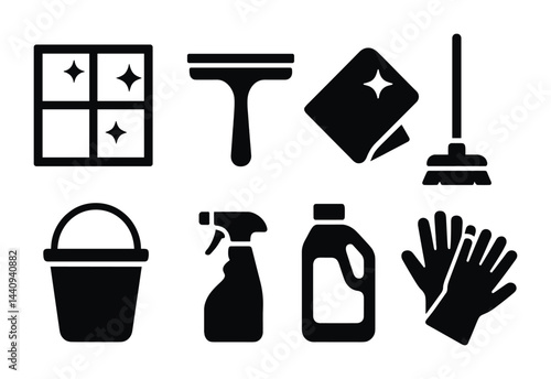 Home cleaning solid icons set – flat style for housekeeping, sanitation, and maintenance: window, squeegee, cloth, mop, bucket, spray bottle, detergent, gloves