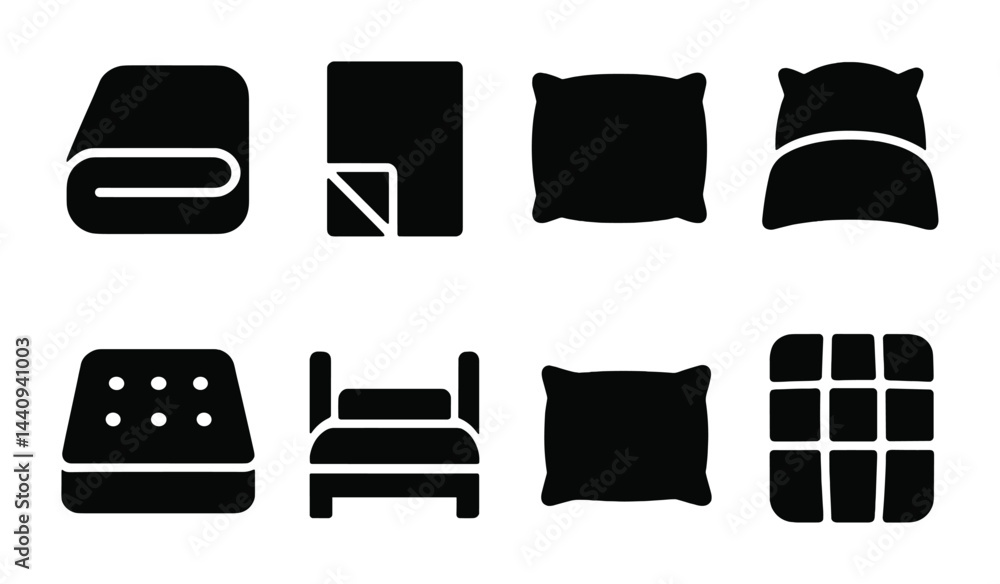 Home textiles icon set - solid style home decor, bedding, and comfort symbols: blanket, sheet, pillow, bed, mattress, cushion, quilted design