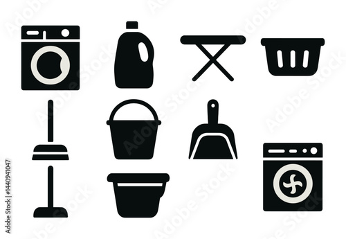 Household chores silhouette icon set - flat style laundry, cleaning, and home essentials for organizing: washing machine, detergent, iron, laundry basket, mop, bucket, dustpan.