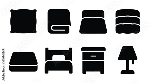 Cozy home essentials solid icon set – flat style furniture, decor, and bedding symbols for interior design: pillow, blanket, bed, mattress, nightstand, lamp.