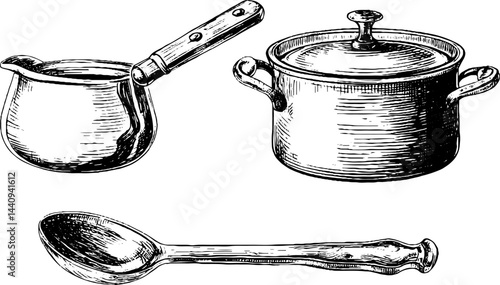 Vintage kitchenware engraving set featuring mini pots and spoon for culinary design