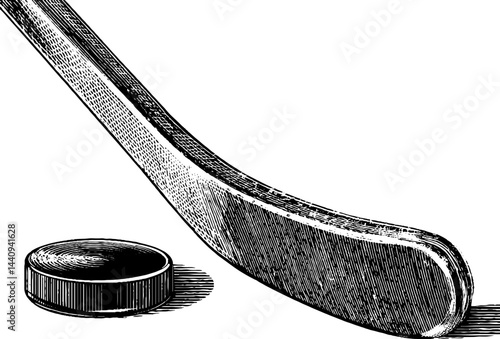 Engraved illustration of hockey stick and puck for sports design and decor