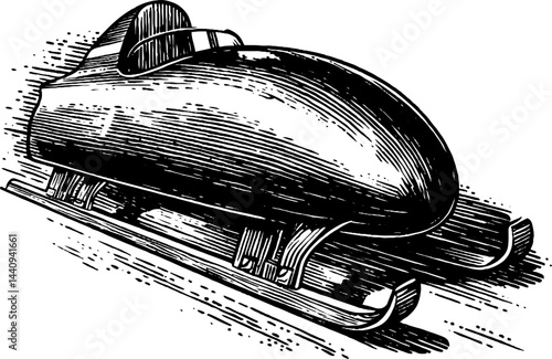 Engraved illustration of bobsled with bold black lines for winter sports design