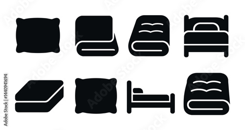 Bedroom essentials icon set – solid style for home decor and sleep comfort symbols: pillow, blanket, mattress, bed, duvet, quilt, bedframe, linen