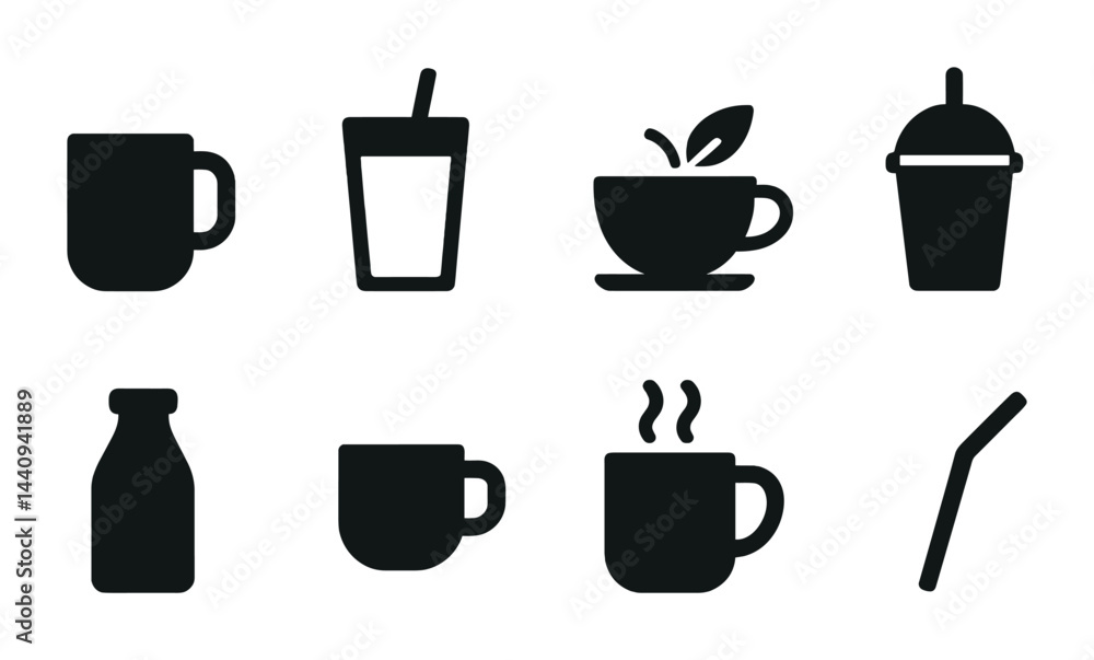 Beverage solid icons set – flat style drinks, cafe essentials, and refreshment symbols for restaurant menus: coffee cup, smoothie, tea, milk bottle, straw, espresso, juice, latte. Beverage solid icons set – flat style drinks, cafe essentials, and refreshment symbols for restaurant menus: coffee cup, smoothie, tea, milk bottle, straw, espresso, juice, latte.