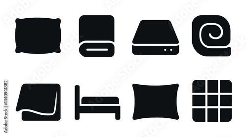 Bedding and linen solid icons set – silhouette style home decor, interior design, and soft furnishings symbols: pillow, blanket, mattress, duvet, quilt, sheets, bed, cushion.