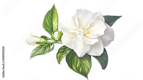 Delicate watercolor painting, botanical illustration, white gardenia flower, pale green buds, soft green leaves