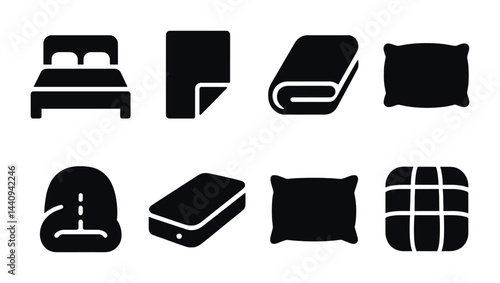 Simple icons of bedroom essentials including bed, pillow, blanket, mattress, and cushions
