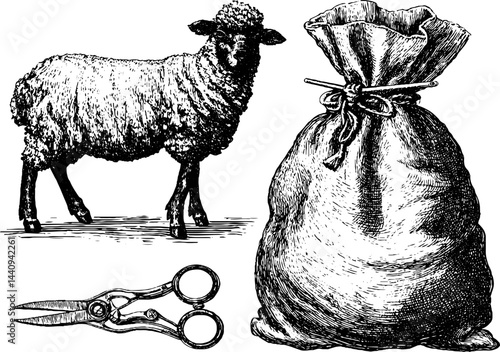 Vintage engraving of shears, sheep, and sack for rustic farm design