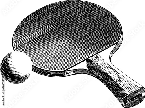 Engraved illustration of ping pong paddle and ball for sport design