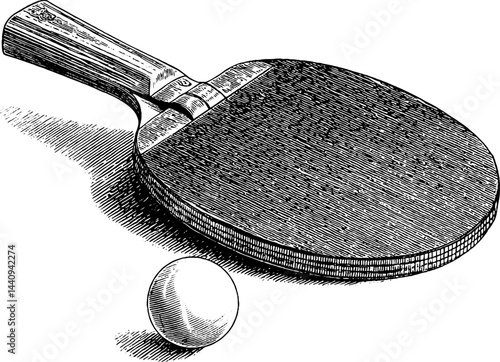 Vintage engraved ping pong paddle and ball design for sports decor