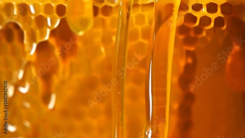 Close-up of honeycomb with dripping golden honey