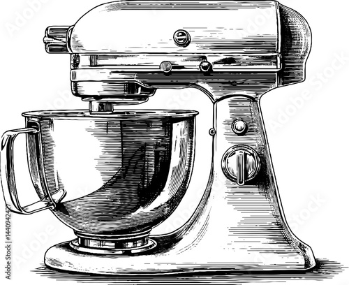 Vintage engraved stand mixer illustration in black and white for kitchen decor and design