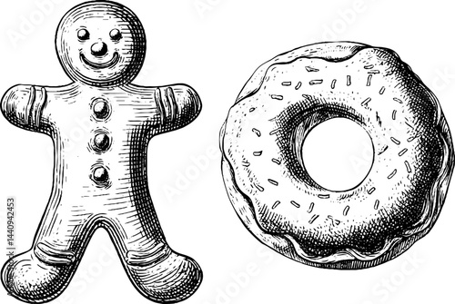 Holiday treats illustration: gingerbread man and donut engraving for festive design