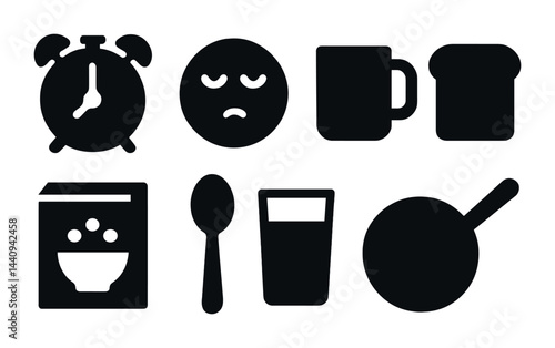 Breakfast routine solid icons – silhouette kitchen and morning essentials for daily preparation: alarm clock, sleepy face, coffee mug, toast, cereal box, spoon, glass, pan.