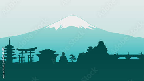 Vector background with Mount Fuji and silhouette skyline of Japan traditional sacred buildings, places. Japanese scene. Mountain landscape with Asian architecture. Torii gate, pagoda, castle, shrine