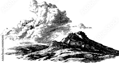 Engraved mountain landscape with cloudy summit for nature design