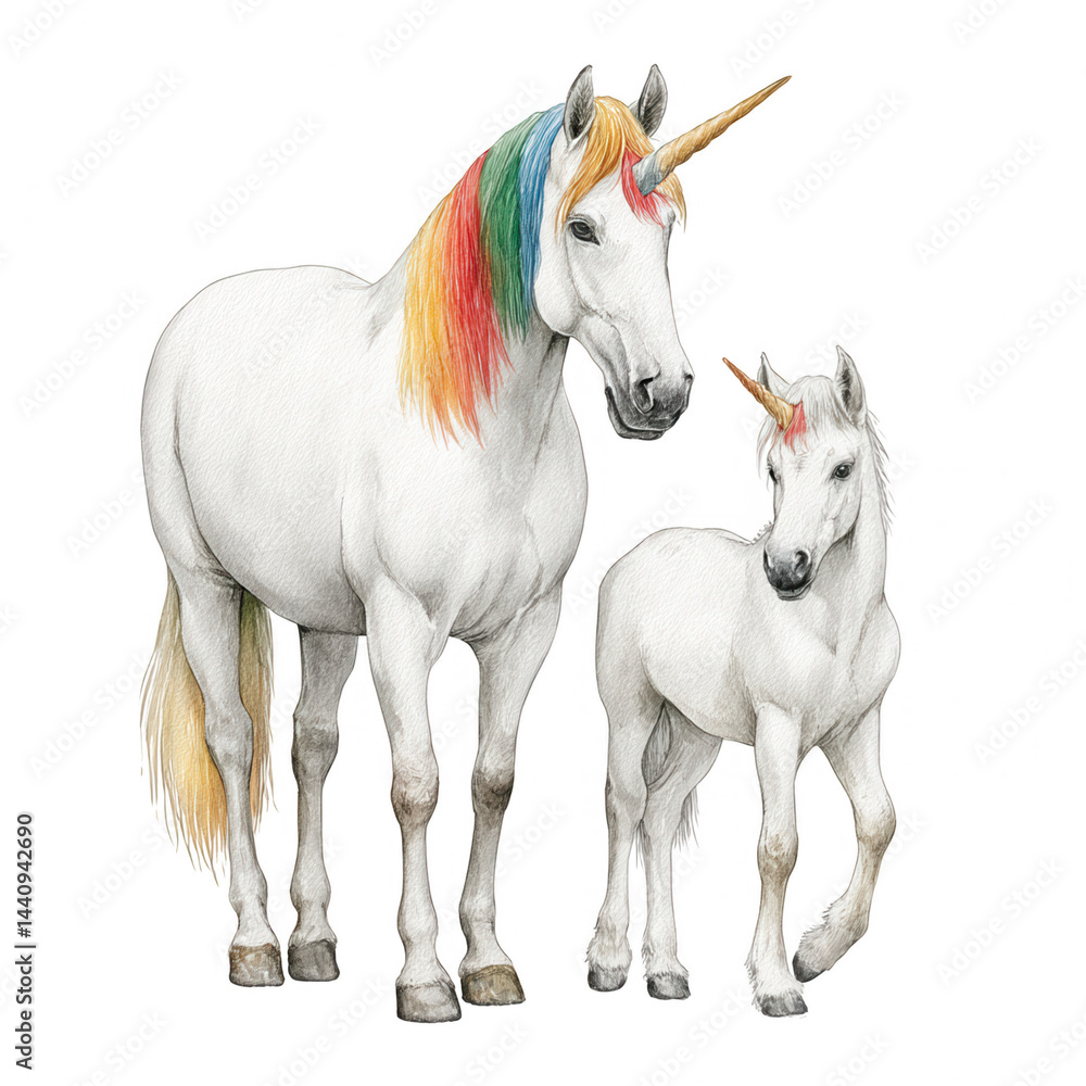 Obraz premium Watercolor drawing shows a mother unicorn standing with her little foal.