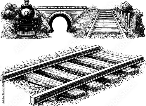 Vintage engraved illustration of train tracks and wood elements for historical design
