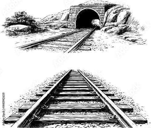 Vintage engraved illustration of train tracks and tunnel scene