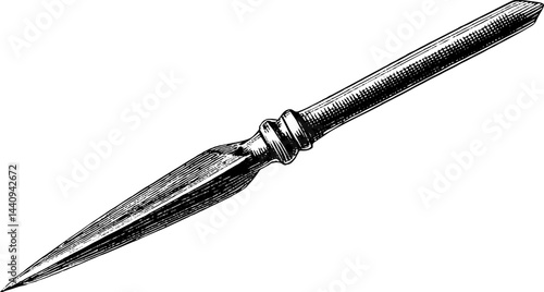 Detailed engraved javelin illustration with bold black lines