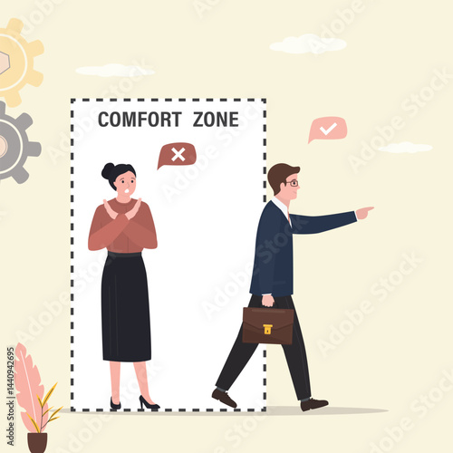 Ambitious businessman steps out of comfort zone. Courage, determination, explore new opportunities and overcome limitations. Businesswoman urges not to take a step towards freedom.