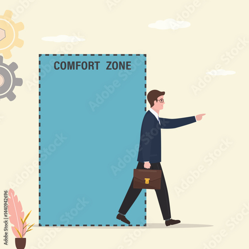 Ambitious businessman steps out of comfort zone, confident man get out of safe zone. Courage, determination, explore new opportunities and overcome limitations.