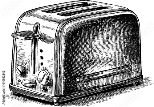 Vintage toaster engraving with black bold lines for retro design concepts