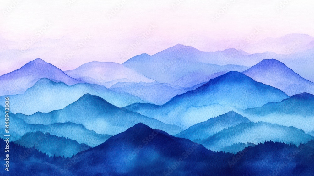 Obraz premium Gentle, hazy mountain range depicted in shades of blue and purple.