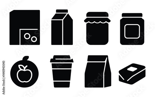 Modern grocery solid icons set - filled style supermarket, shopping, and food symbols for retail use: cheese, milk carton, jam jar, apple, coffee, paper bag, butter