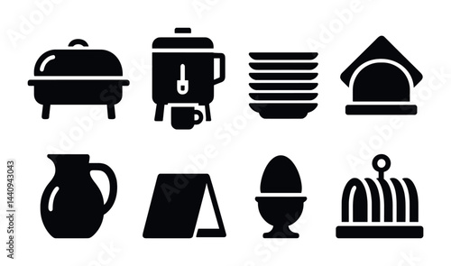 Dining and kitchen silhouette icons set – solid style cooking, tableware, and meal preparation symbols for culinary endeavors: chafing dish, coffee urn, plates, napkin, pitcher, menu, egg cup, butter