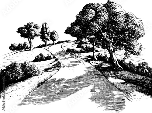 Vintage engraving of serene country road with trees and hills