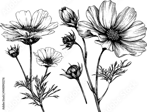 Elegant engraved floral art featuring chamomile and anemone for botanical design