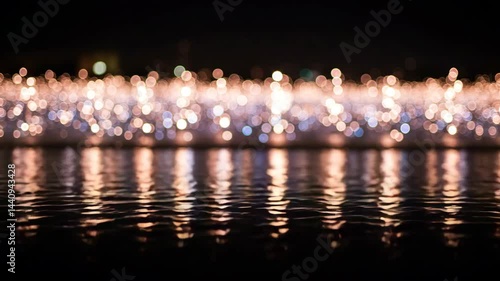 Sparkling water reflections at night with bokeh lights  