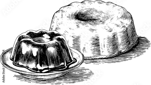 Engraved illustration of berry mousse and cake dessert set