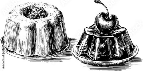 Vintage engraved illustration of berry mousse and cherry-topped dessert for culinary art