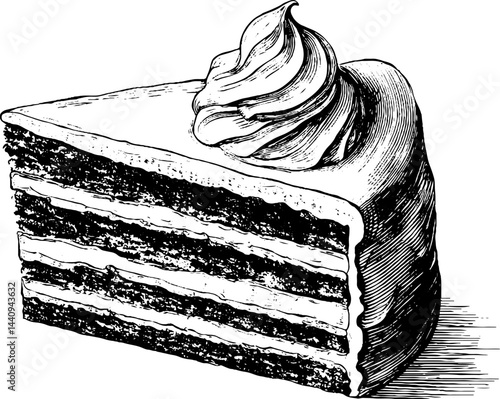 Detailed engraving of layered cake slice with cream for culinary art and design