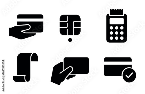 Shopping and payment solid icons set – filled style retail, finance, and transaction symbols for e-commerce: credit card, chip reader, pos terminal, receipt, payment card, verified