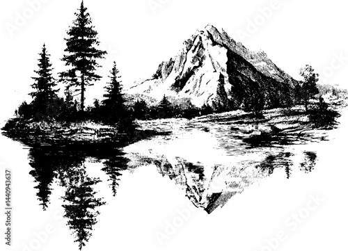 Engraved landscape illustration featuring a mountain and lake reflection