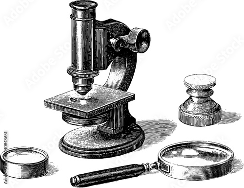 Vintage illustration set featuring microscope and scientific tools