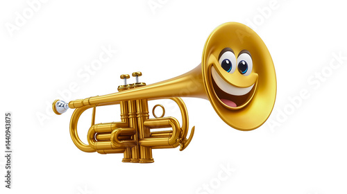 A large trumpet emitting beautiful music, with a big face smiling, a trumpet for music.