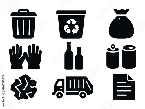 Waste management solid icons set – filled style recycling, sustainability, and disposal symbols: trash bin, recycling bin, garbage bag, gloves, bottles, recycling symbol, garbage truck, document.