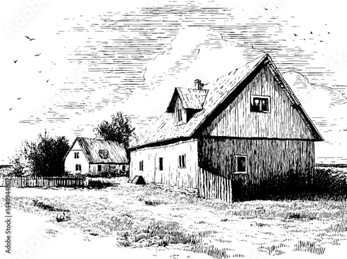 Rustic countryside scene with traditional farmhouse and open fields