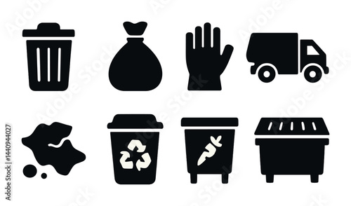 Waste management icon set - silhouette style trash, recycling, and disposal symbols: trash can, garbage bag, glove, truck, spill, recycle bin, compost bin, dumpster