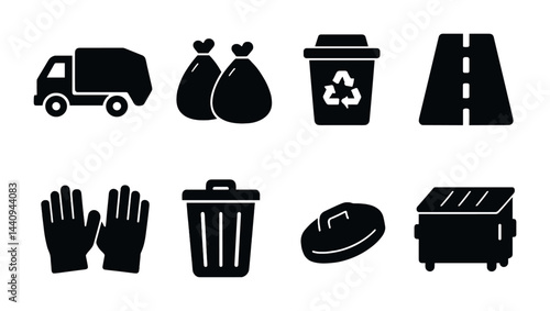 Waste management solid icons set – silhouette style for recycling and sanitation: garbage truck, trash bags, recycling bin, road, gloves, trash can, lid, dumpster.