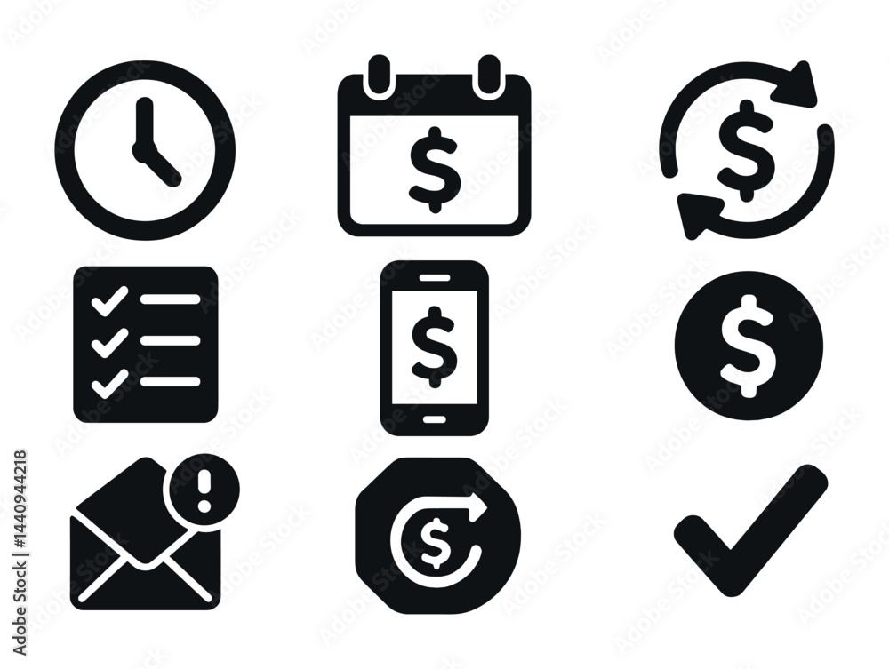 Financial management solid icons set – flat style banking, budget, and payment symbols for personal finance: clock, calendar, checklist, mobile, circular arrow, dollar, email alert, check mark Financial management solid icons set – flat style banking, budget, and payment symbols for personal finance: clock, calendar, checklist, mobile, circular arrow, dollar, email alert, check mark