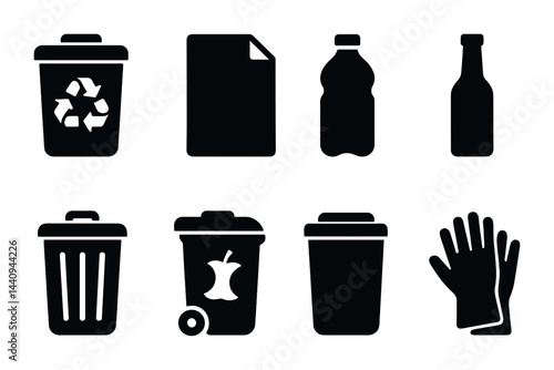 Recycling and waste management solid icons set – silhouette style environment, sustainability, and waste disposal symbols for eco-friendly initiatives: recycle bin, paper, plastic bottle, glass