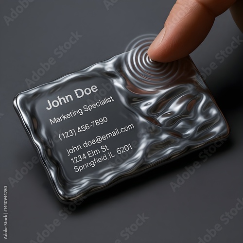 Ultra-realistic concept rendering of a futuristic business card forged from a fluid, silver-alloy “liquid metal.”