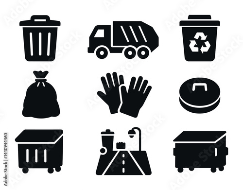 Eco-friendly waste management icon set – solid style recycling, sanitation, and environmental symbols for sustainability: trash can, garbage truck, recycling bin, waste bag, gloves, composter,